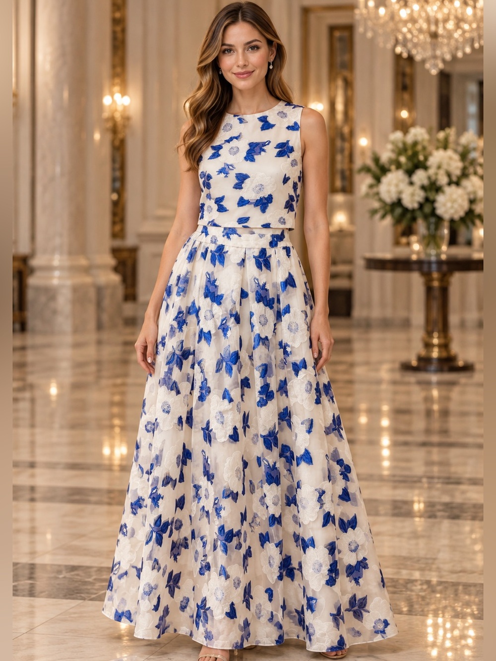 Belle Badgley Mischka Ivory Blue Floral Formal Skirt Set Small